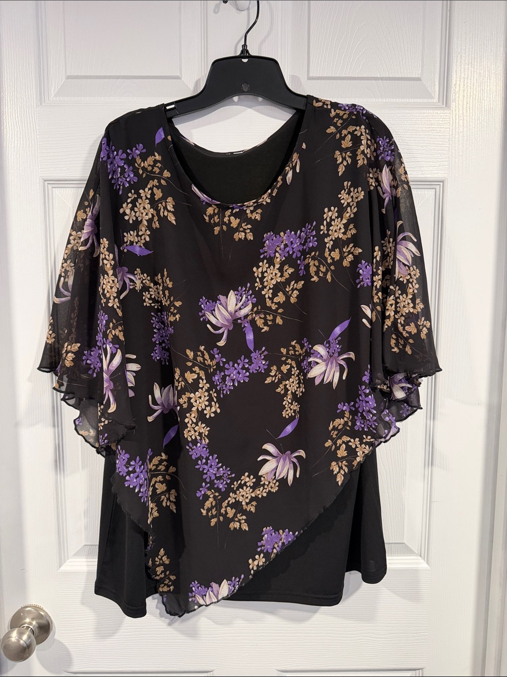 Black Floral Overlay Women's Top with Purple and Beige Accents